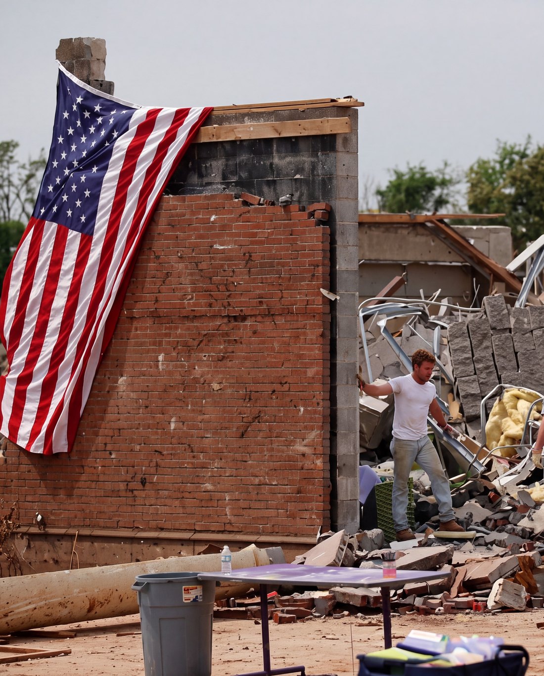 An American flag hangs from a broken brick wall while neighbors dig through what is left of their town after a tornado.
